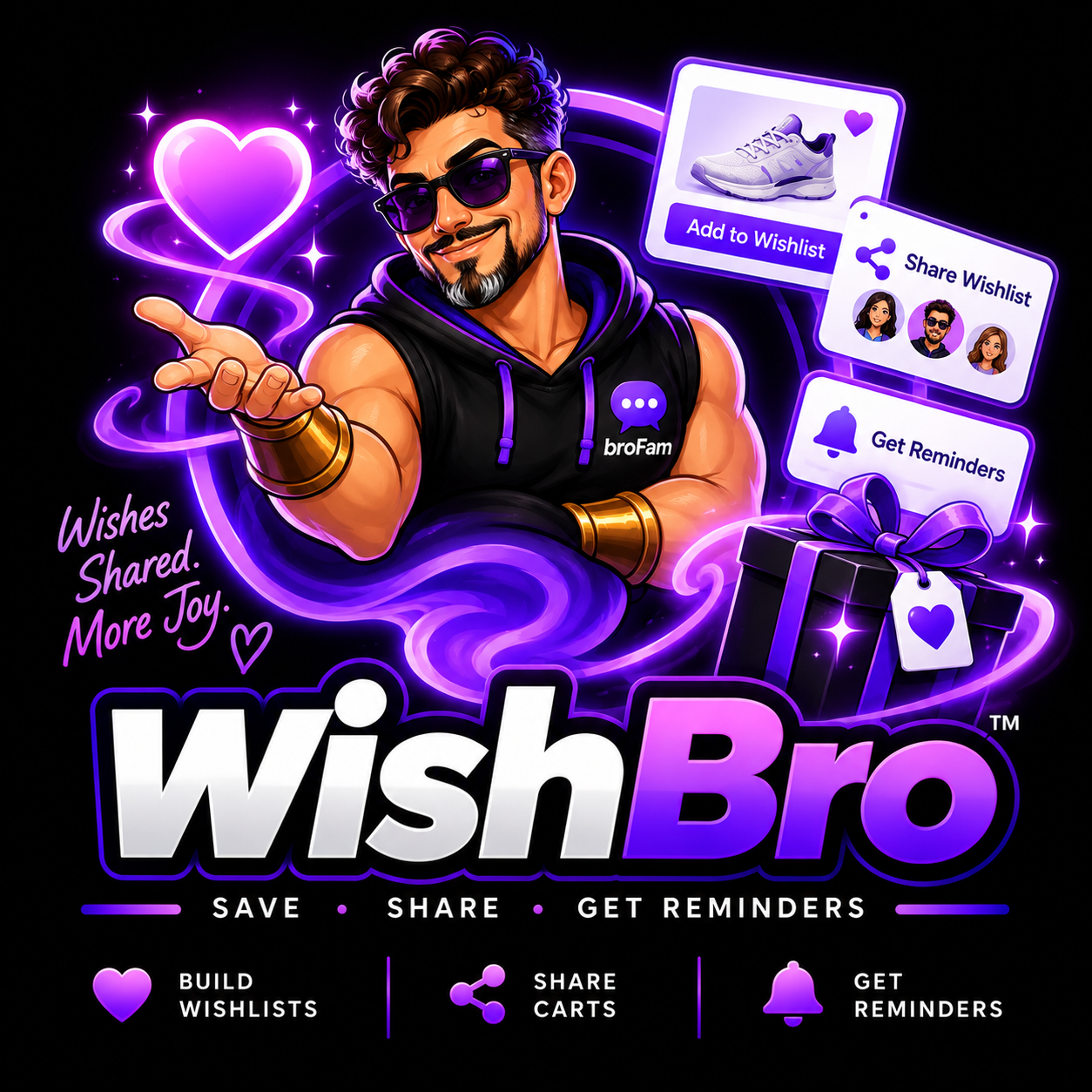 WishBro’s purple genie brings saved finds and shared wishes together.